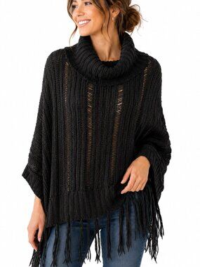 PONCHO Black Open Weave Knitted Cowl Neck Fringe Bottom Poncho EUC